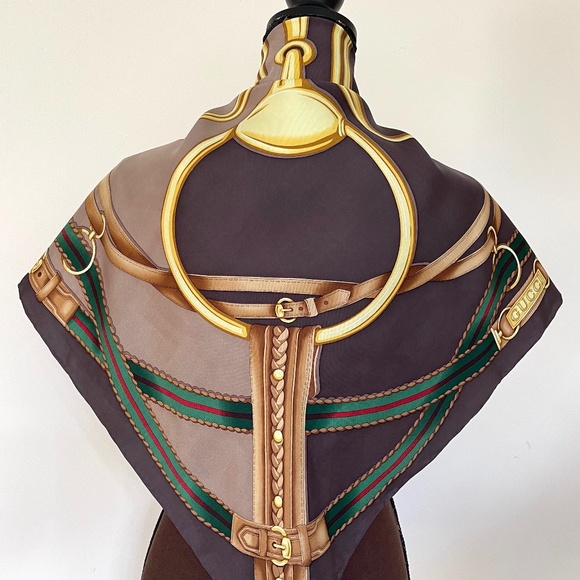 New Gucci Scarf Brown Iconic Horsebit Logo Print Silk Wrap with Gucci Gift Box - Picture 7 of 16
